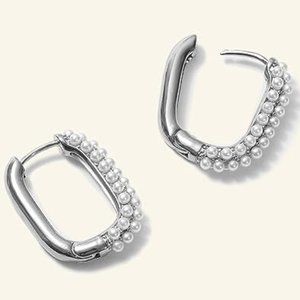 Silver w/ Pearl Rectangle Hoops Rectangular Pretty Hoop Earrings Pave Pearls New